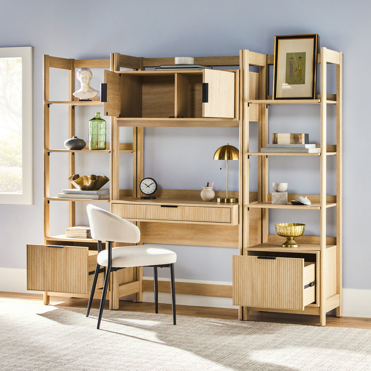 Latitude Run Jorah 3 Piece Transitional Reeded Hutch Desk With 2 Narrow Bookcases Reviews Wayfair